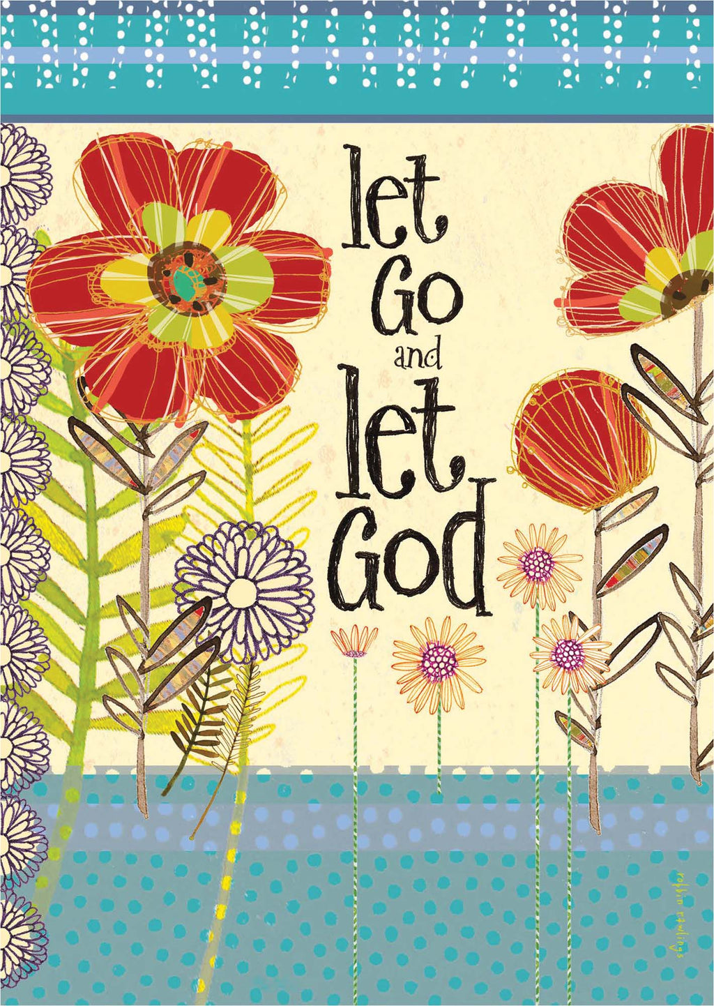Decorative card with floral design and 'Let Go and Let God' text on a blue and beige background.