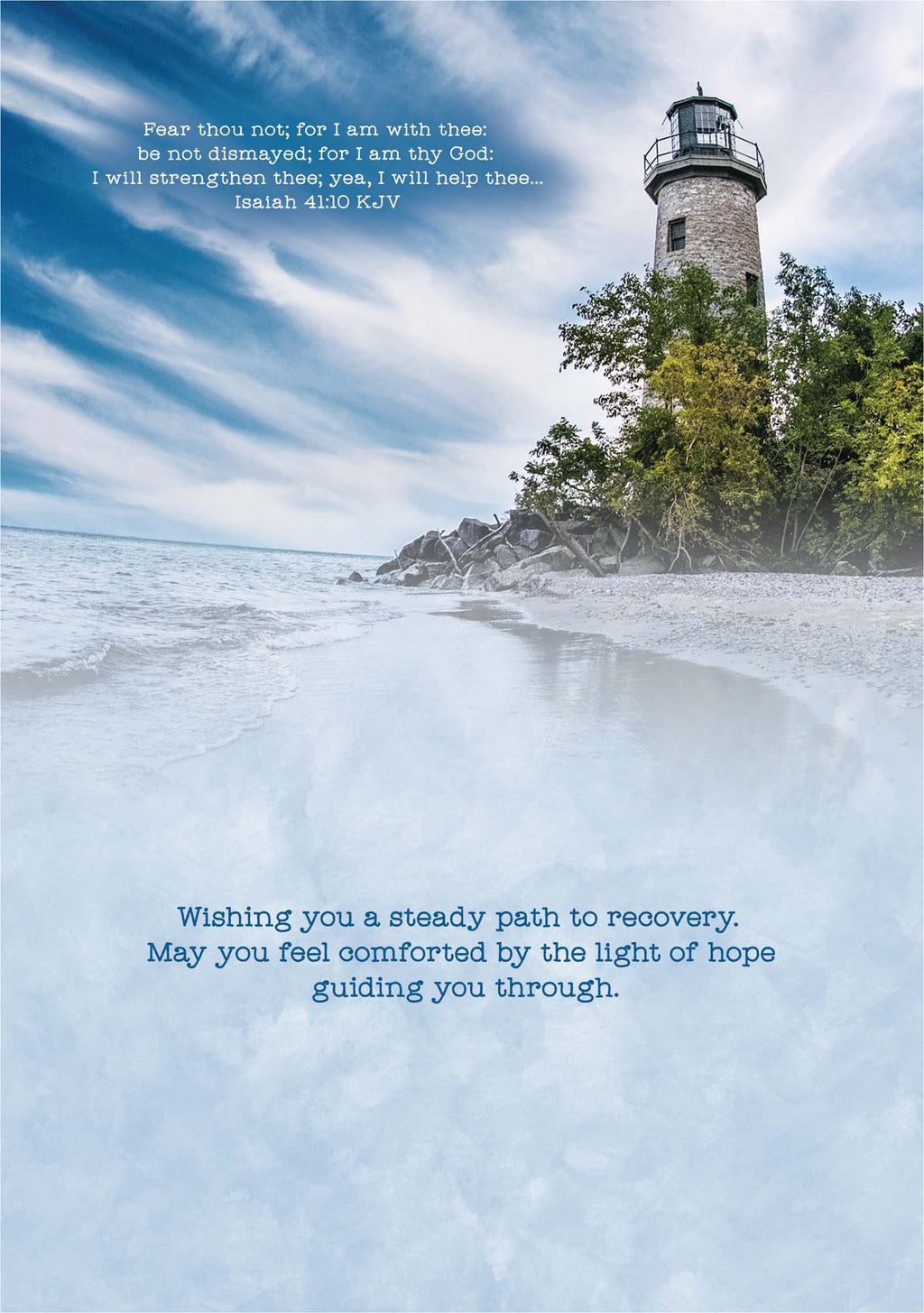 Lighthouse on a snowy landscape with inspirational text overlay