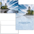 Get well card with lighthouse and beach scene, featuring text messages.