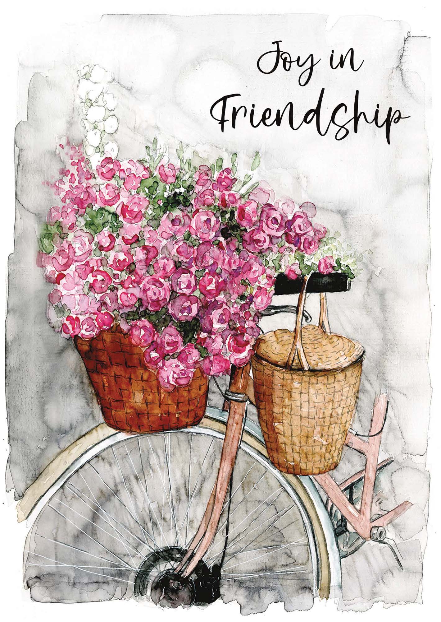 Illustration of a bicycle with flower baskets and text 'Joy in Friendship' on a watercolor background.