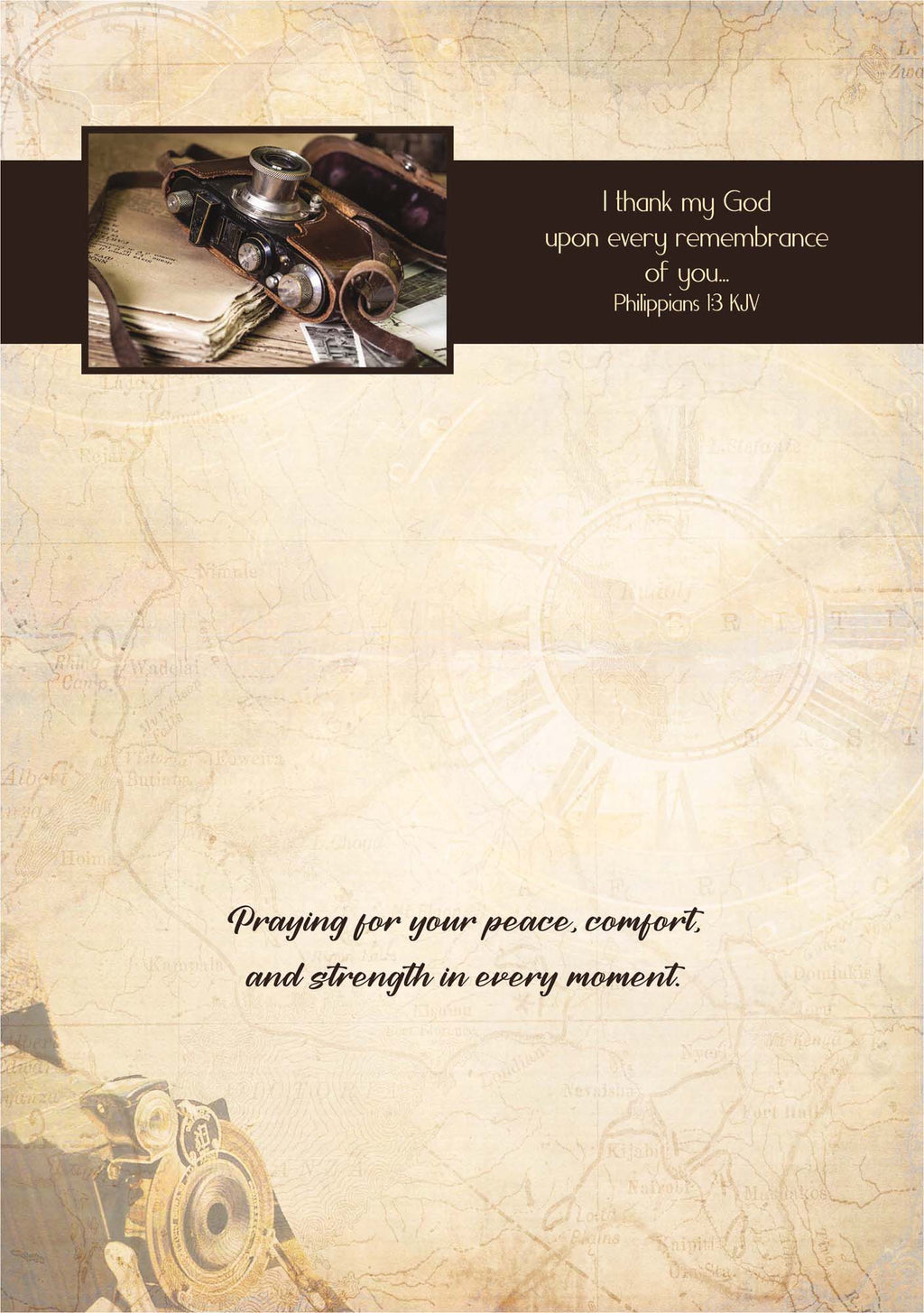 Vintage-style card with text and a photo of a camera on a textured background.
