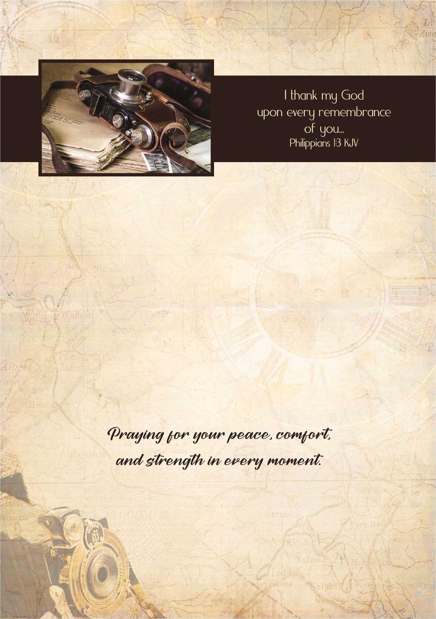 Vintage-style card with text and a photo of a camera on a textured background.