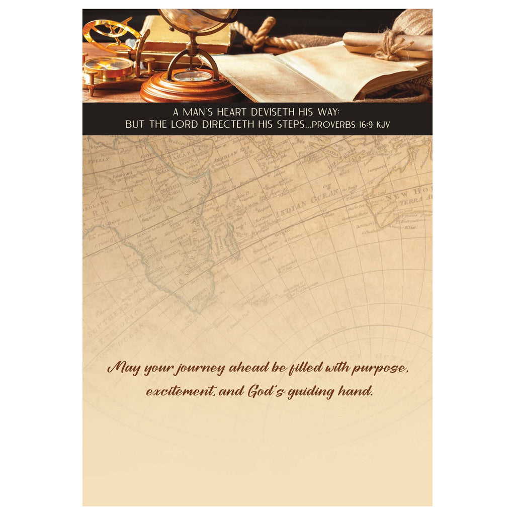 Notebook cover with map design, globe, and book, featuring a motivational quote.