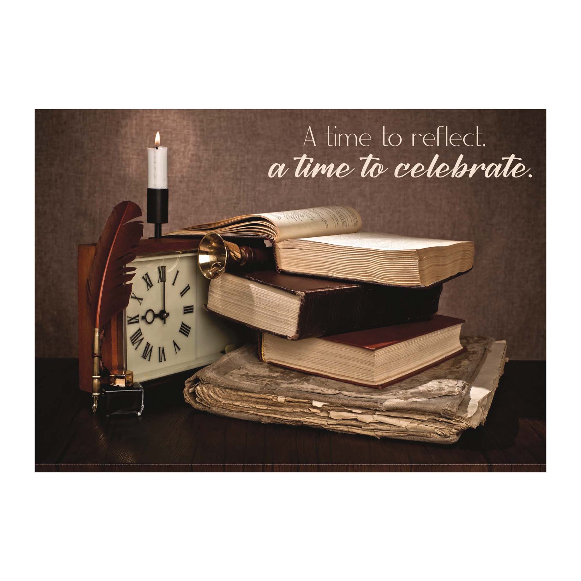 Stack of books with a clock and candle on a wooden surface, featuring the text 'A time to reflect, a time to celebrate.'