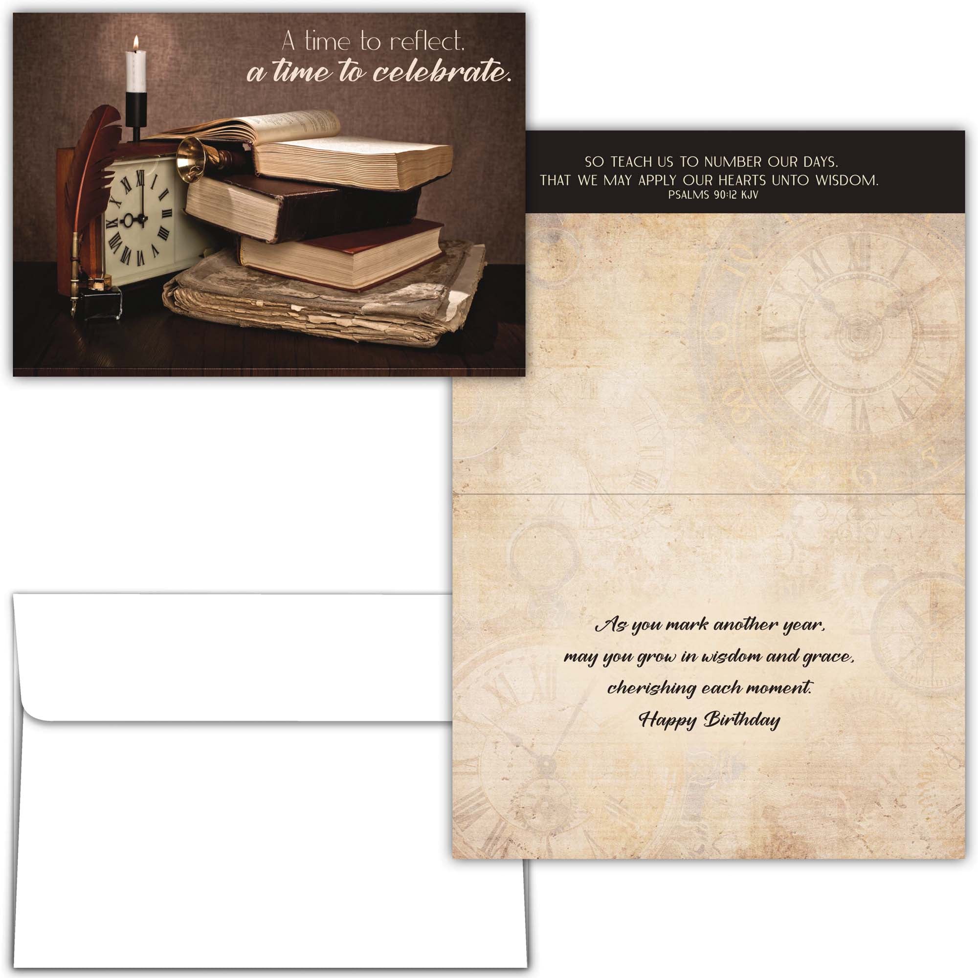 Greeting card with books, clock, and candle on a wooden surface, featuring a religious quote.