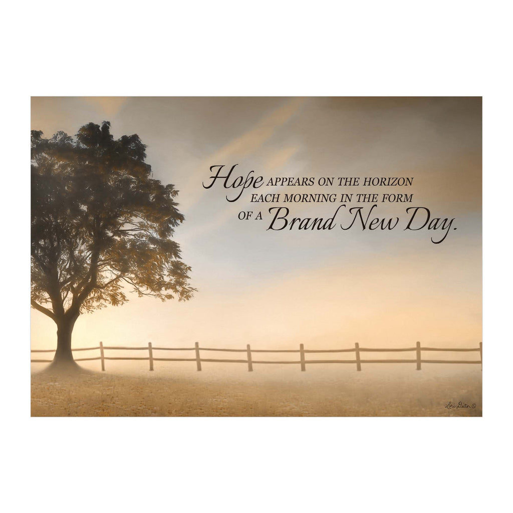 Tree and fence with inspirational quote on a misty morning landscape