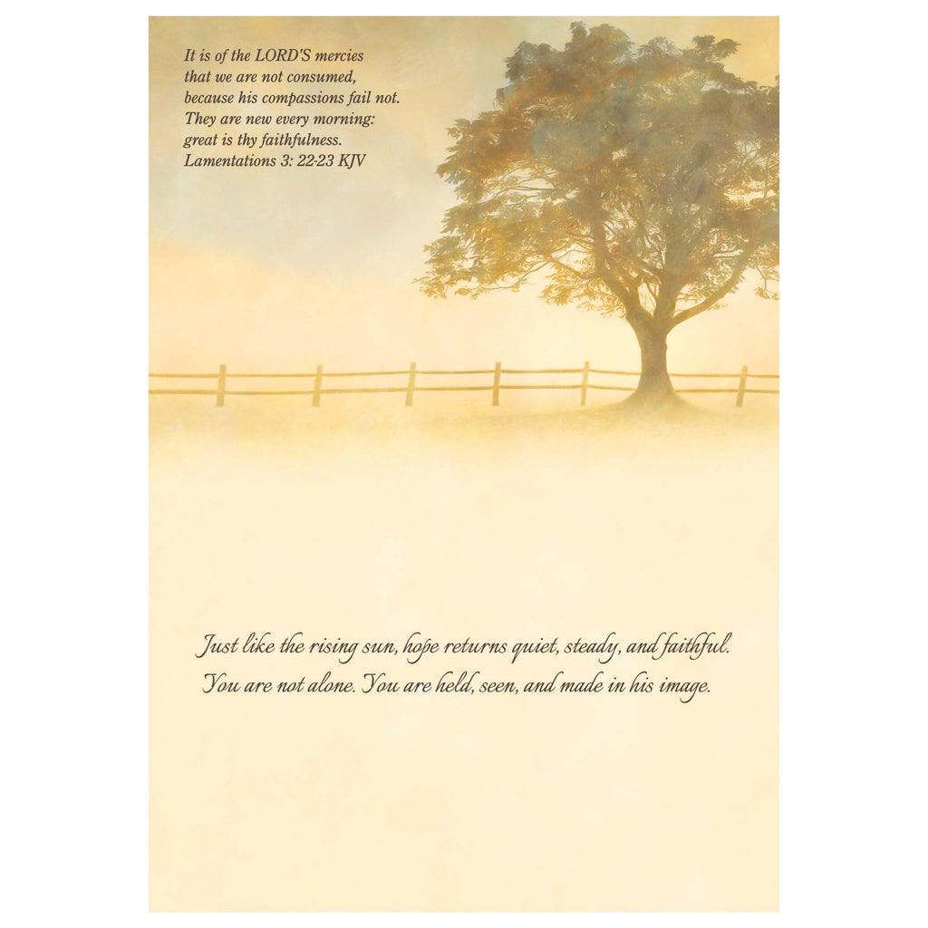 Sunny landscape with a tree and a fence, featuring inspirational text.