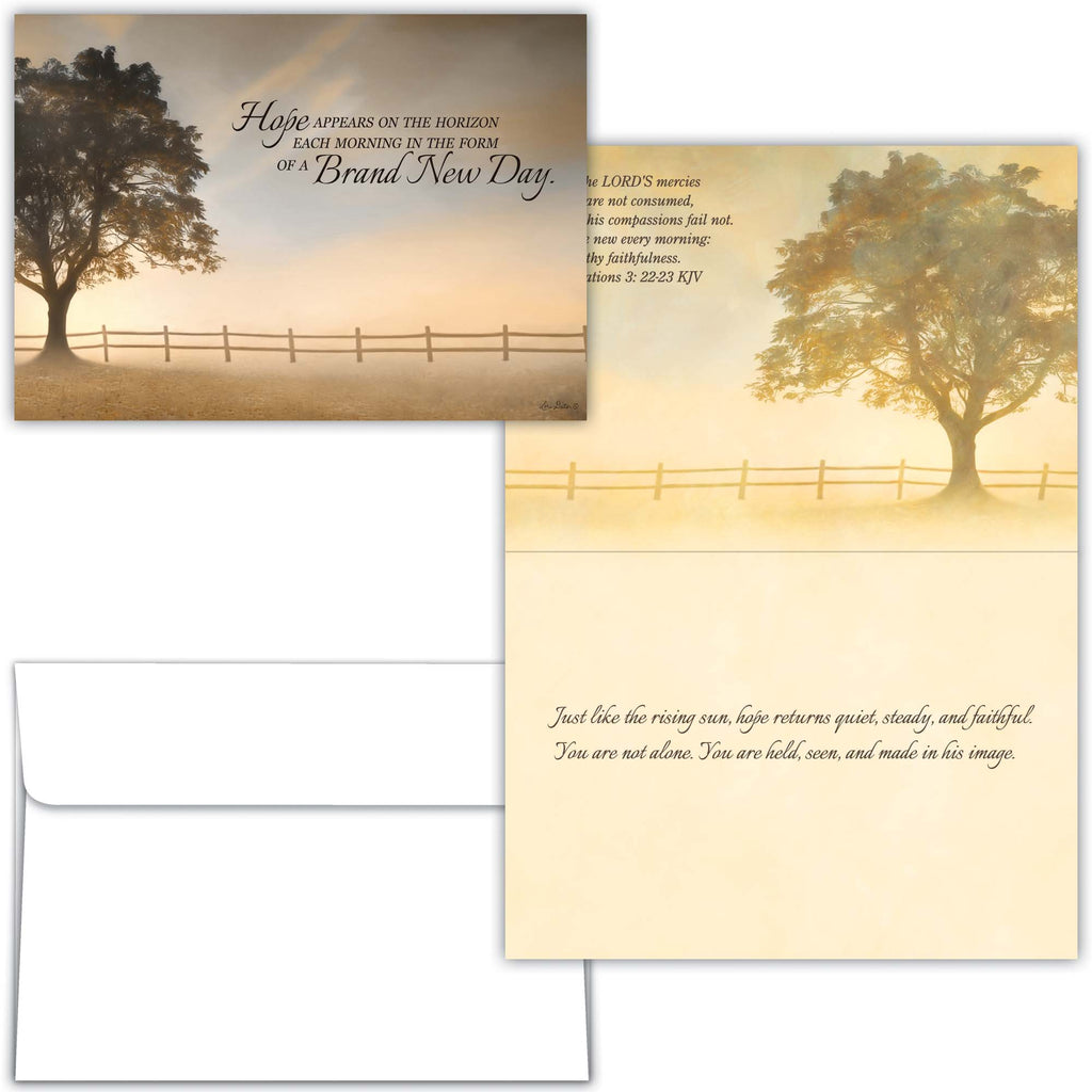 Set of greeting cards with tree and fence design, featuring inspirational text.