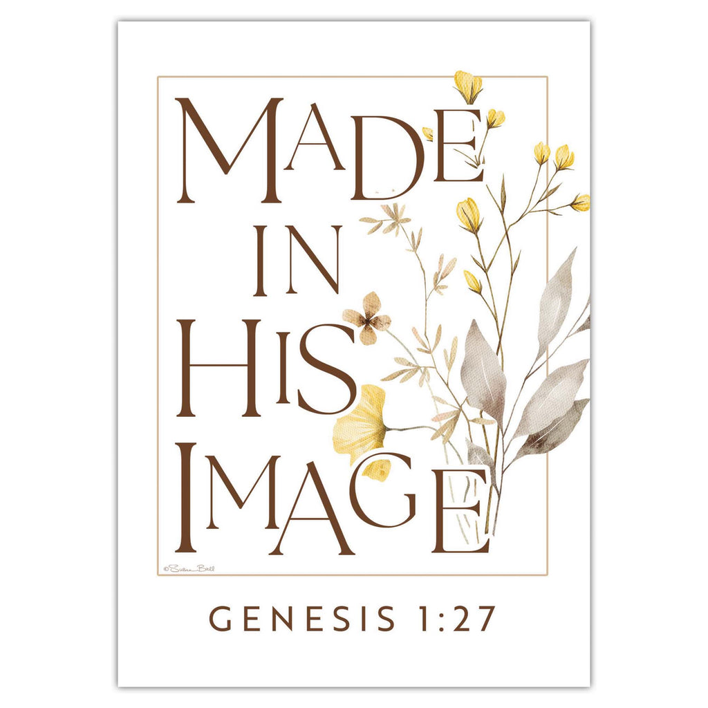 Poster with 'Made in His Image' text and floral design on a white background