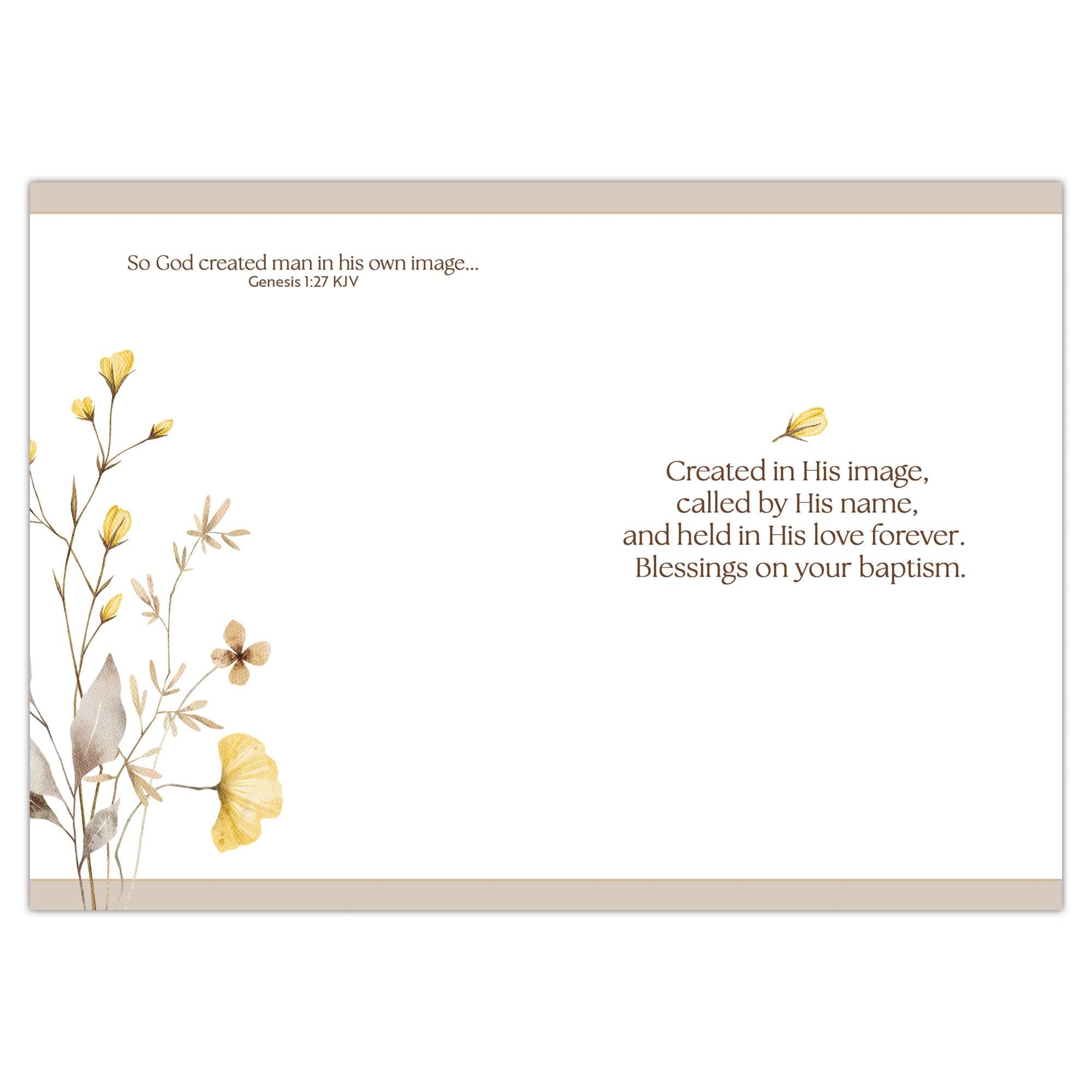 Baptism card with floral design and religious text on a white background