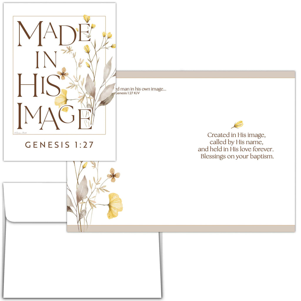 Baptism card with floral design and text, featuring 'Made in His Image' and Genesis 1:27.