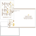 Baptism card with floral design and text, featuring 'Made in His Image' and Genesis 1:27.