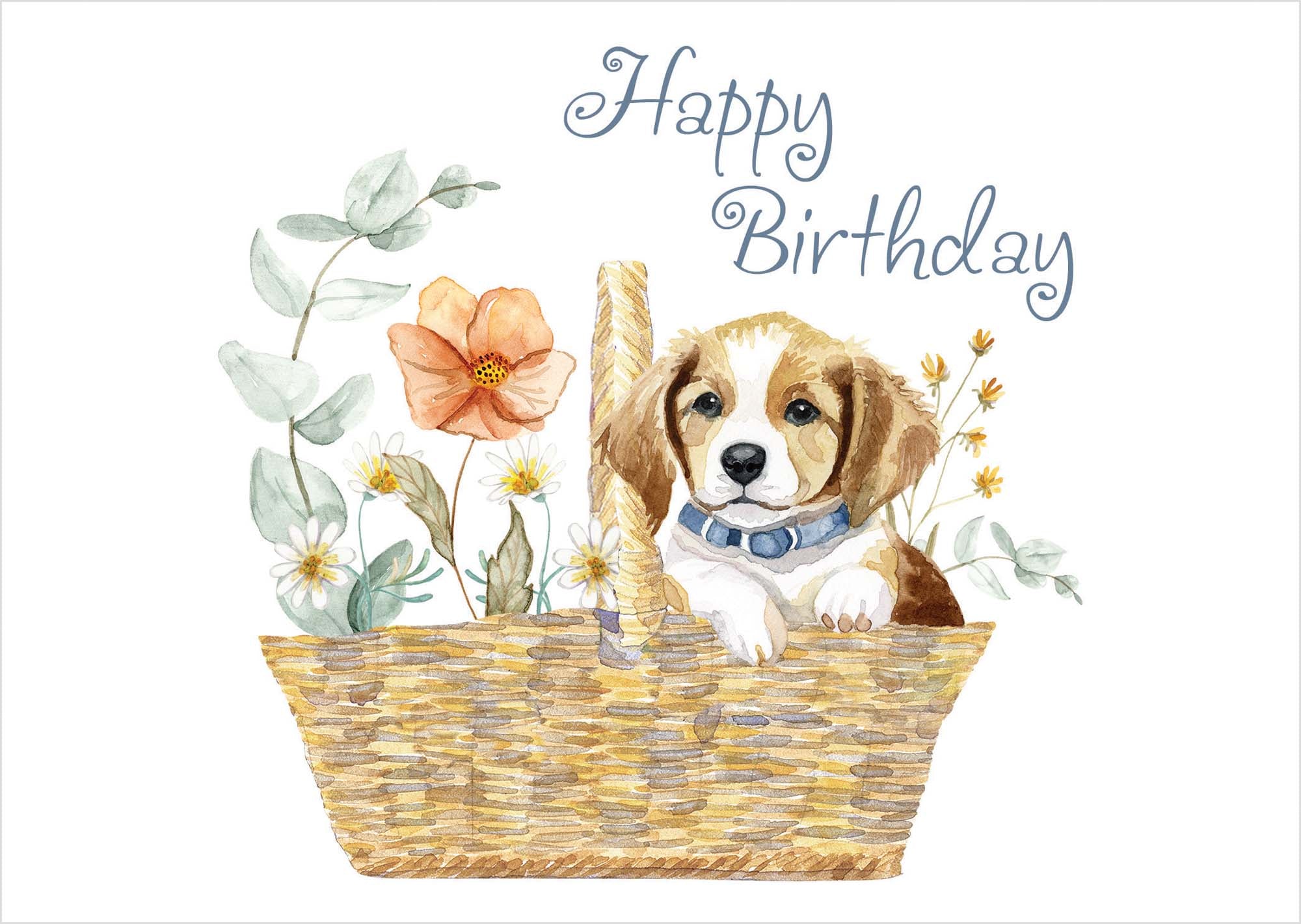 Birthday card with a puppy in a basket surrounded by flowers and plants on a white background.