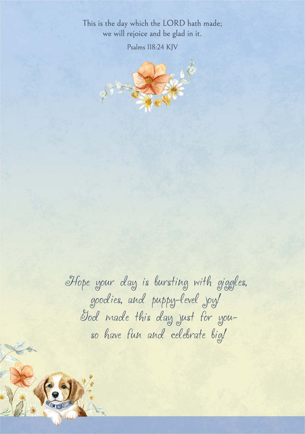 Greeting card with floral design, dog illustration, and inspirational text on a gradient background.