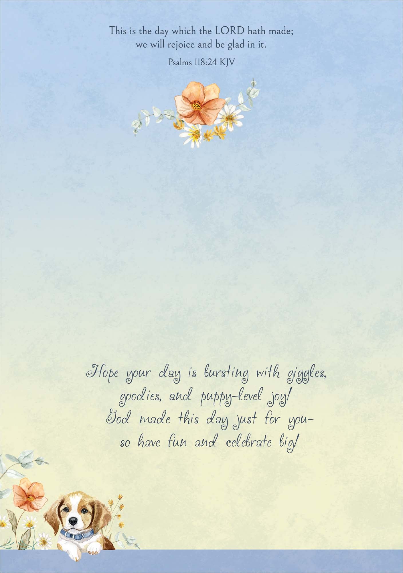 Greeting card with floral design, dog illustration, and inspirational text on a gradient background.