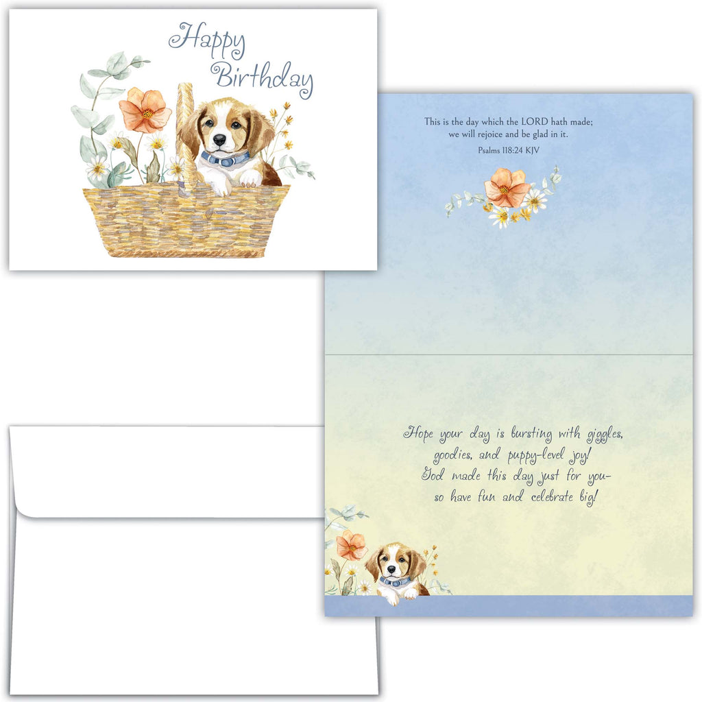 Dog-themed birthday card with a basket and flowers, featuring a dog illustration.