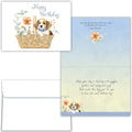 Dog-themed birthday card with a basket and flowers, featuring a dog illustration.