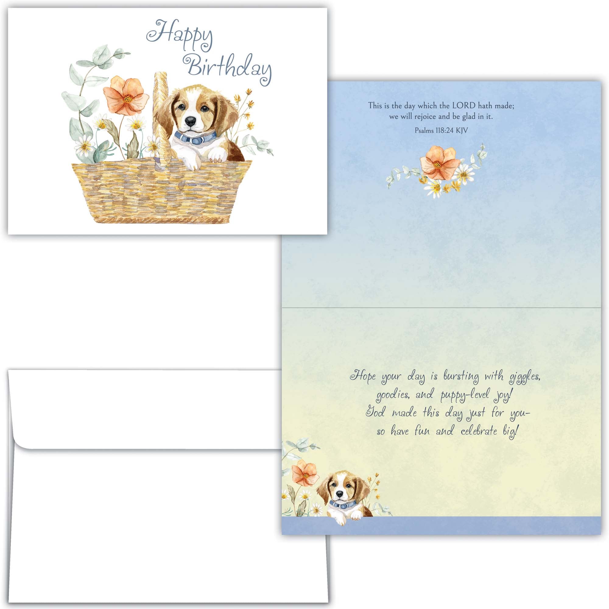 Dog-themed birthday card with a basket and flowers, featuring a dog illustration.