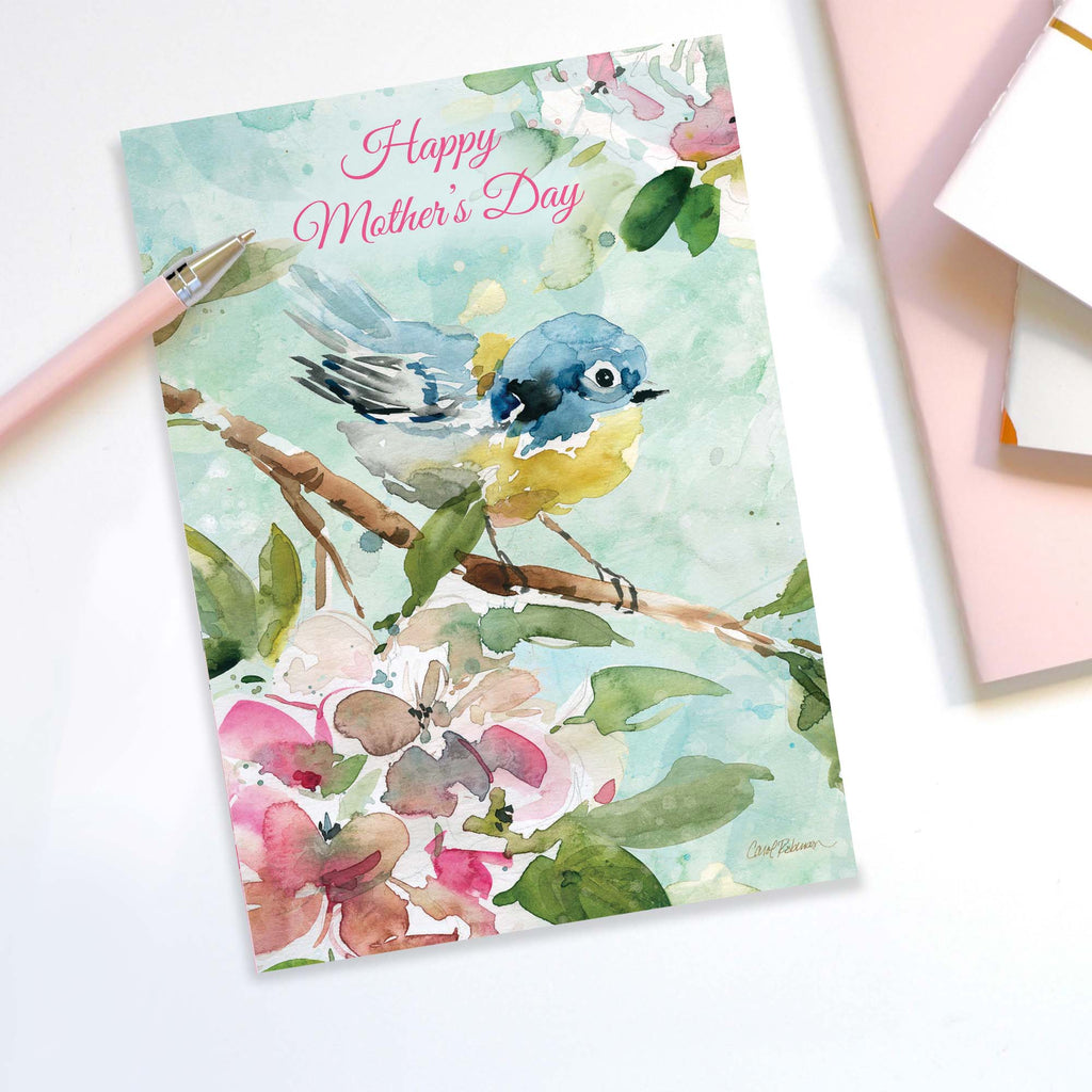 Greeting card with a bird and floral design on a light background