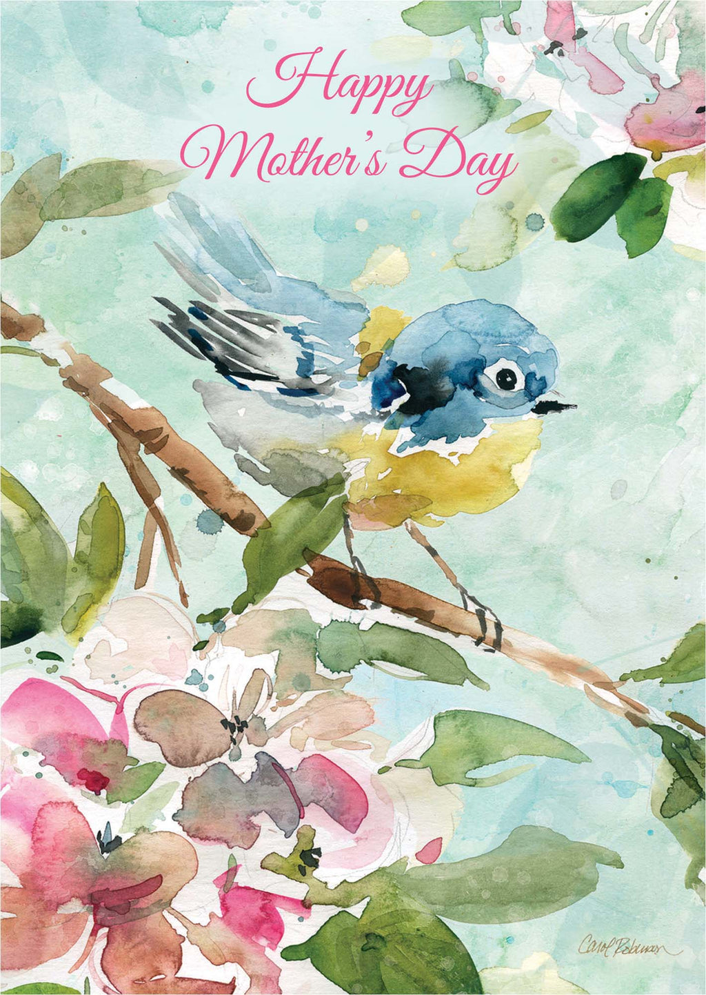 Mother's Day card with birds and flowers on a light green background