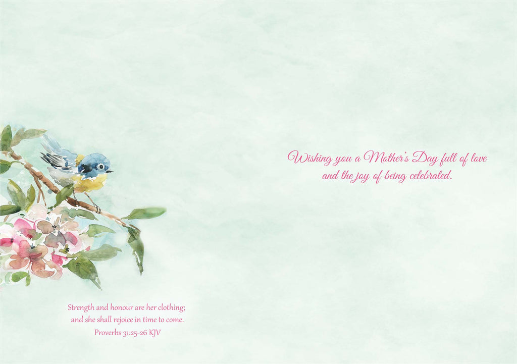 Greeting card with birds, flowers, and a Mother's Day message on a light green background.