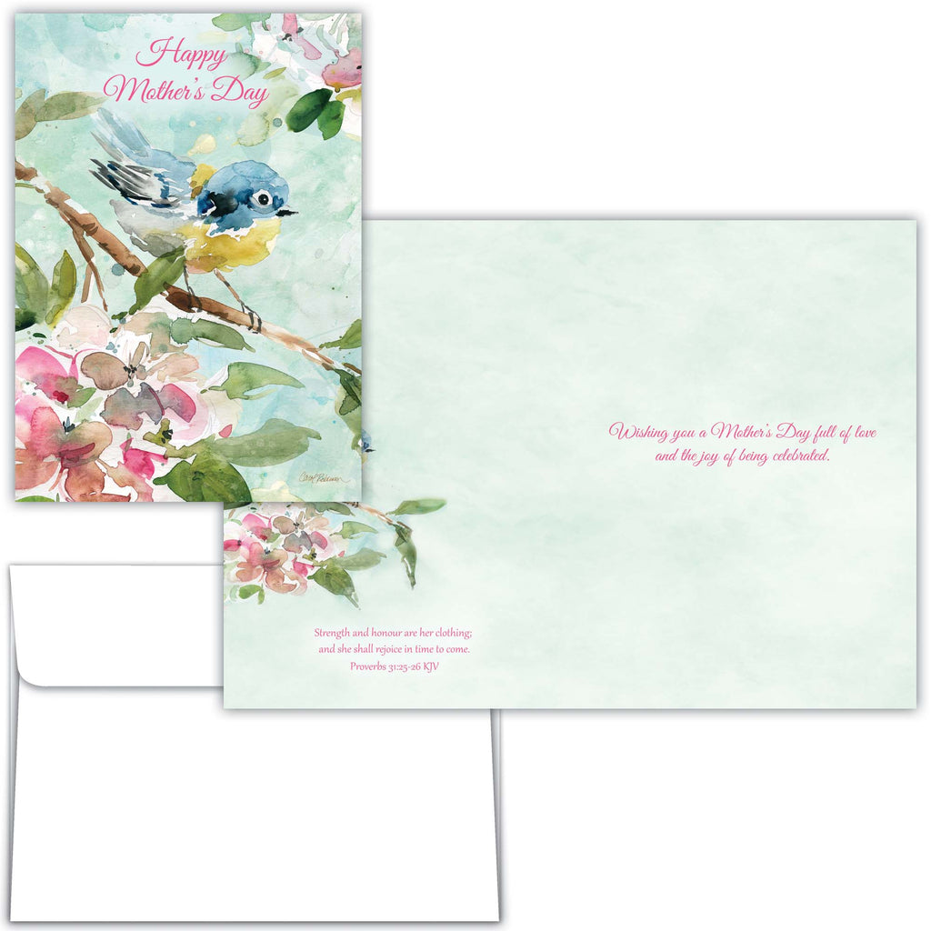 Mother's Day card with a bird and floral design on a light blue background