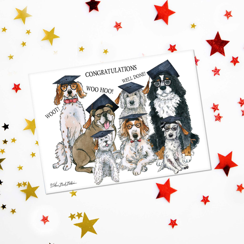 Cartoon dogs in graduation caps and goggles on a card with star decorations.