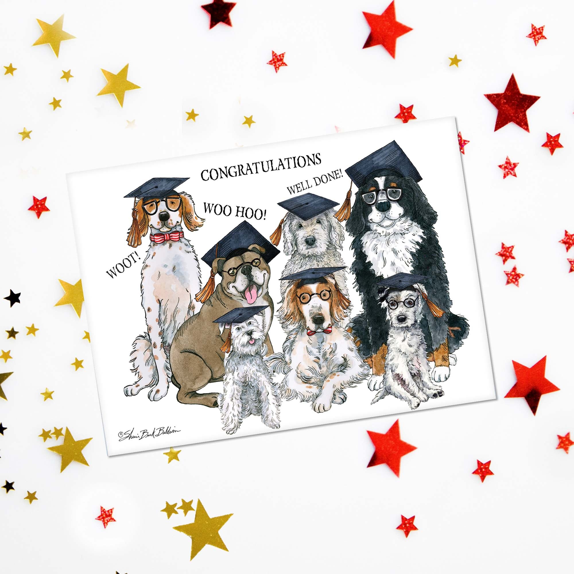 Cartoon dogs in graduation caps and goggles on a card with star decorations.