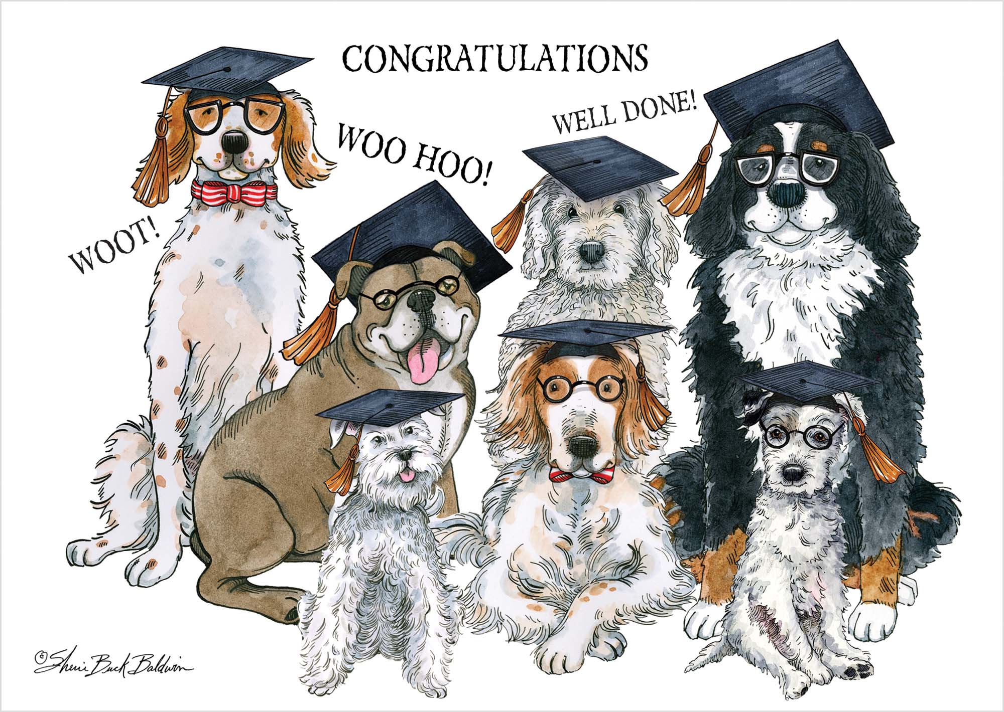 Illustration of dogs in graduation caps and tassels with celebratory text on a white background.