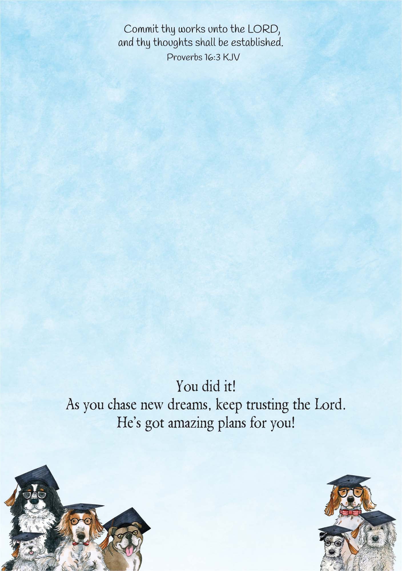 Motivational card with dogs in graduation caps and text on a blue background