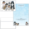 Graduation-themed greeting card with cartoon dogs wearing caps and gowns, featuring text.