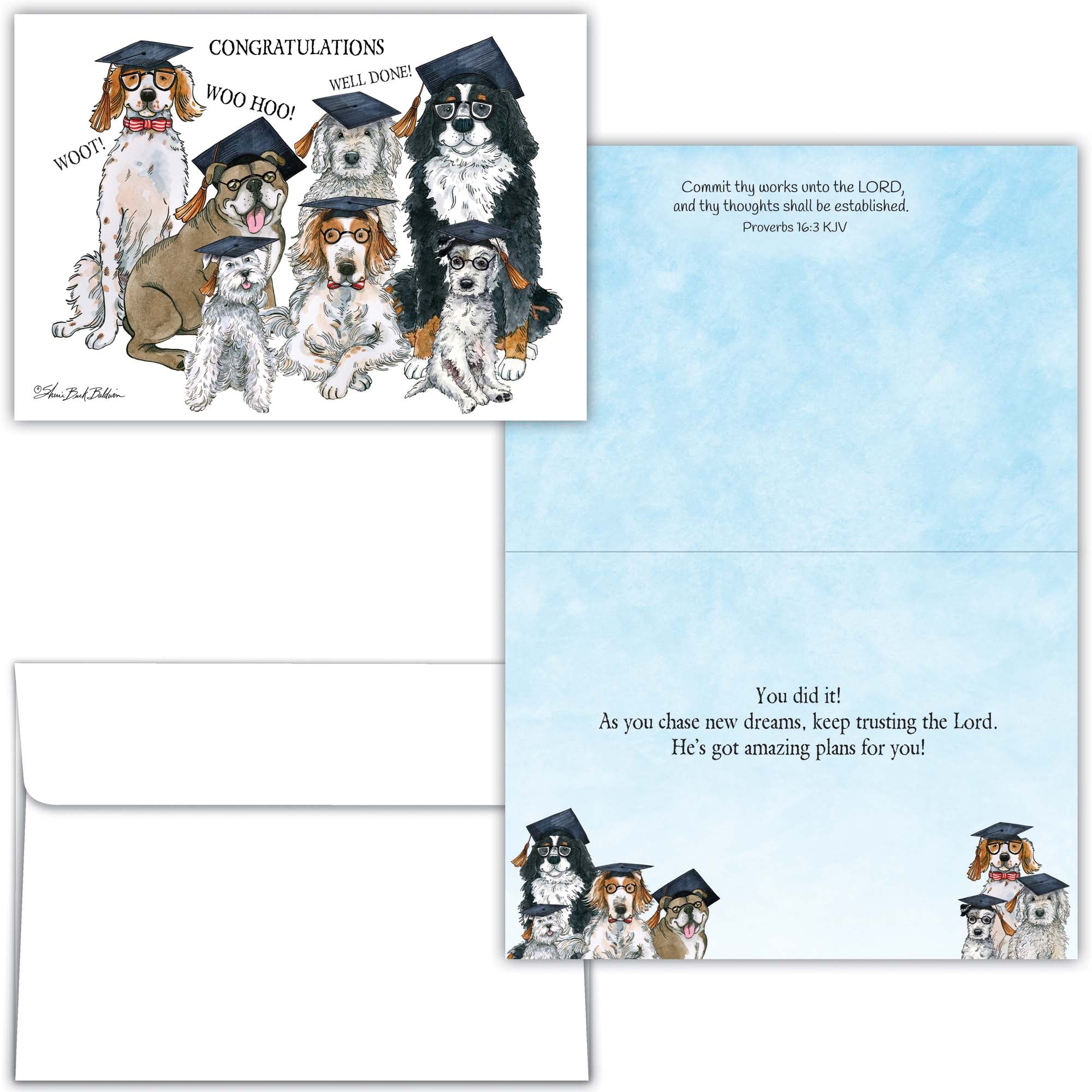 Graduation-themed greeting card with cartoon dogs wearing caps and gowns, featuring text.