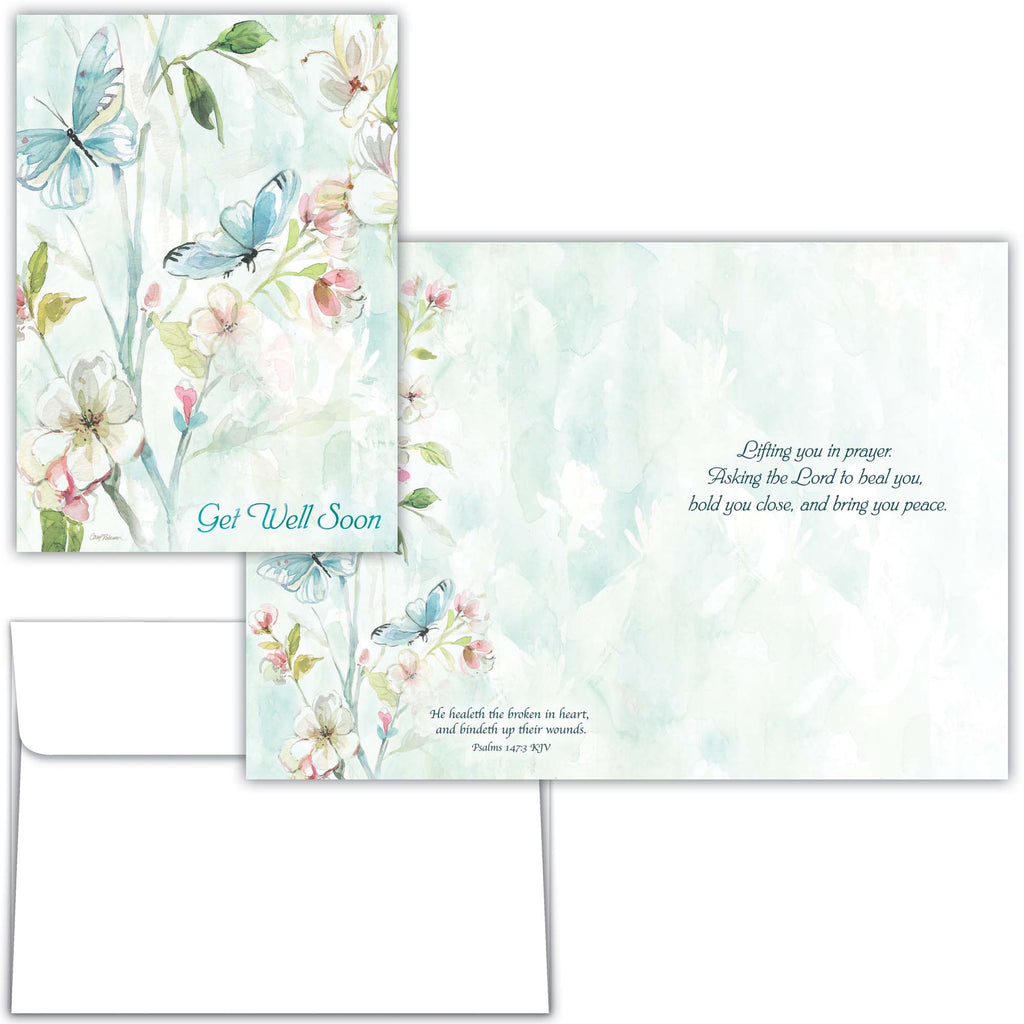 Set of get well soon cards with floral and butterfly design on a white background