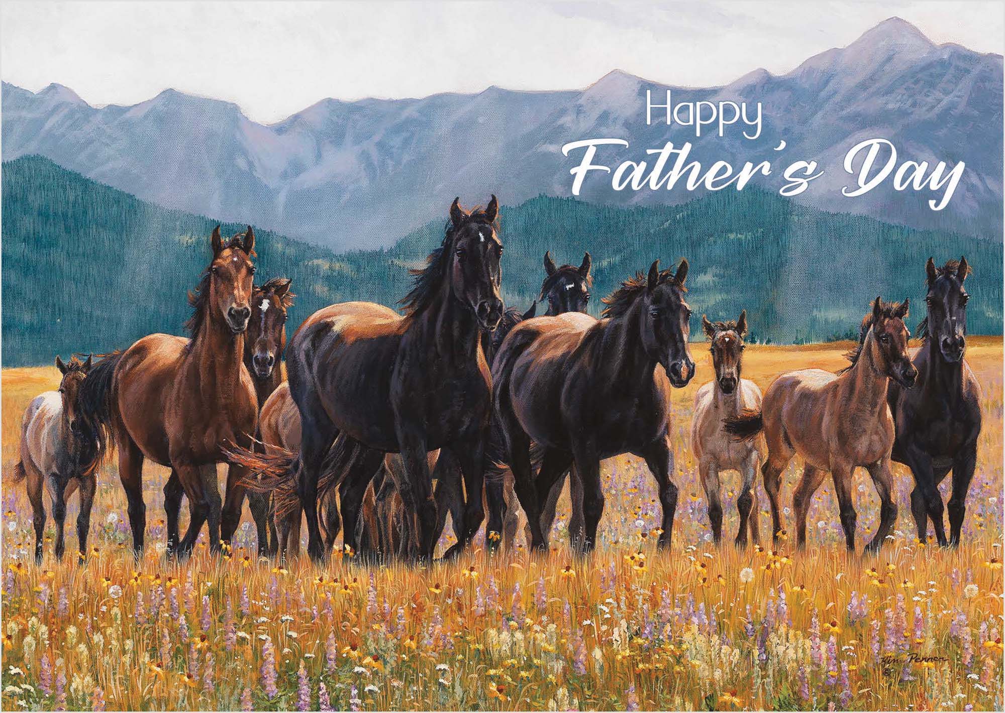 Horses in a field with mountains in the background and 'Happy Father's Day' text.