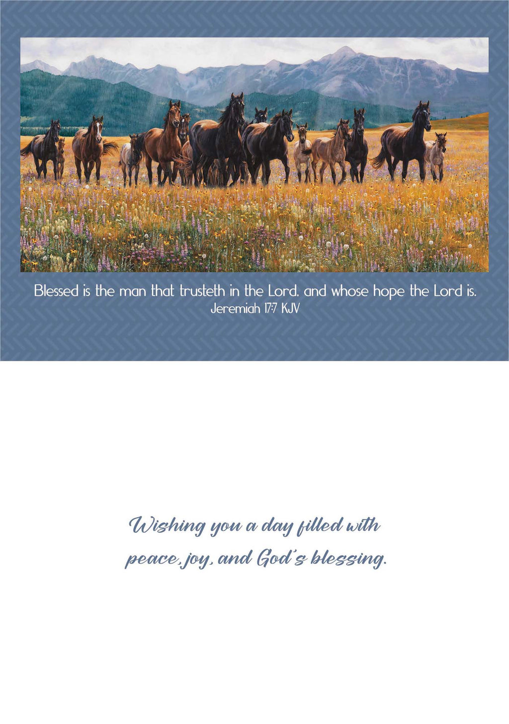 Horses in a field with mountains and a Bible verse on a blue border