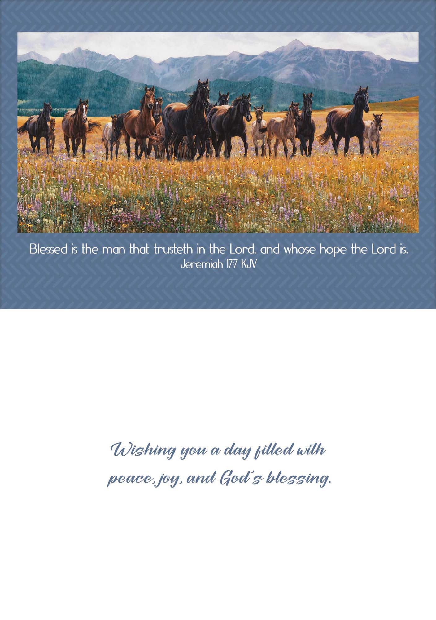 Horses in a field with mountains and a Bible verse on a blue border