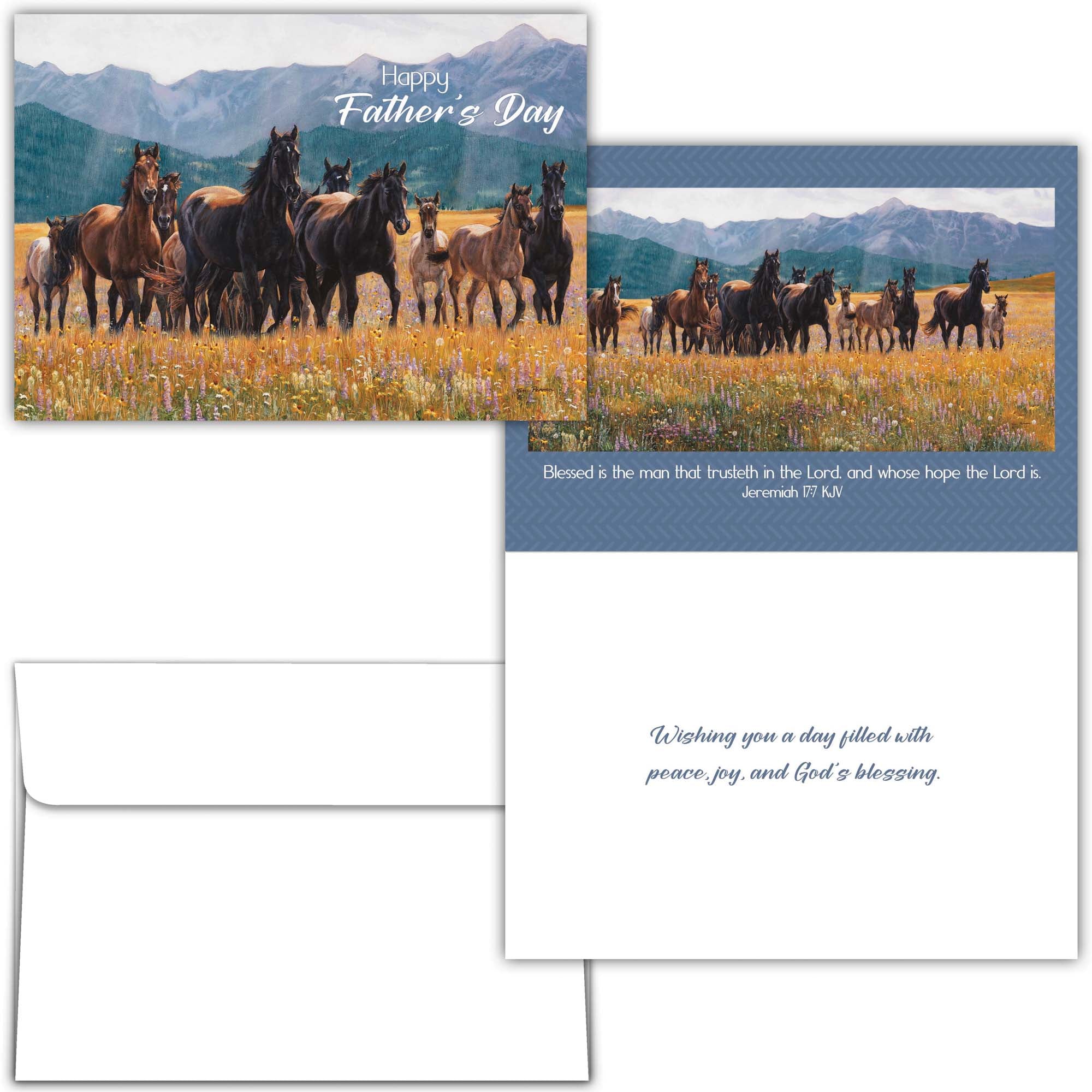 Father's Day card with horses and mountains on a blue background