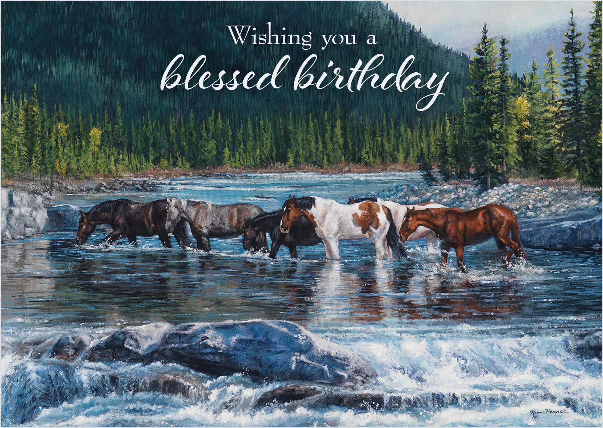 Horses crossing a river with mountains and trees in the background, accompanied by the text 'Wishing you a blessed birthday'.