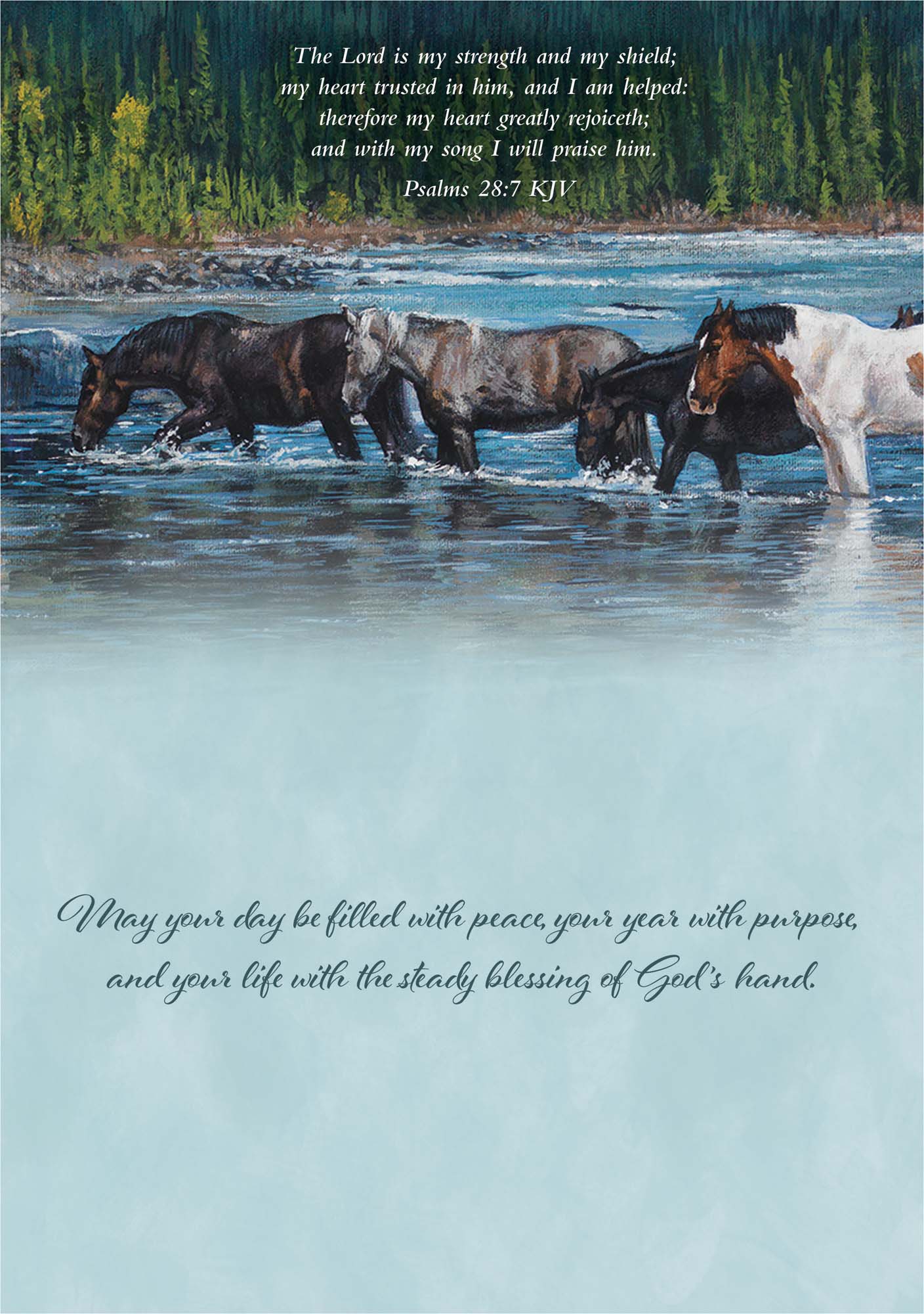 Horses crossing a river with scenic background and scripture text.