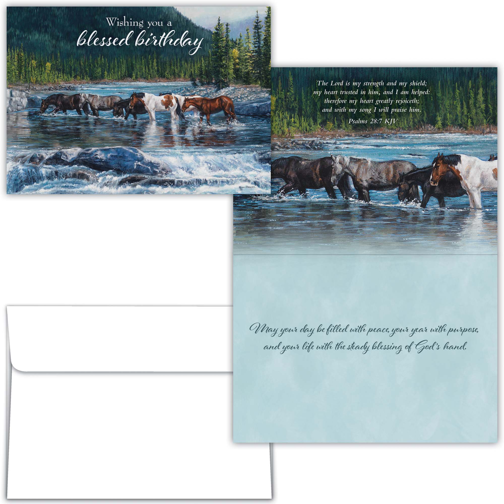 Set of greeting cards with horses crossing a river and inspirational text.