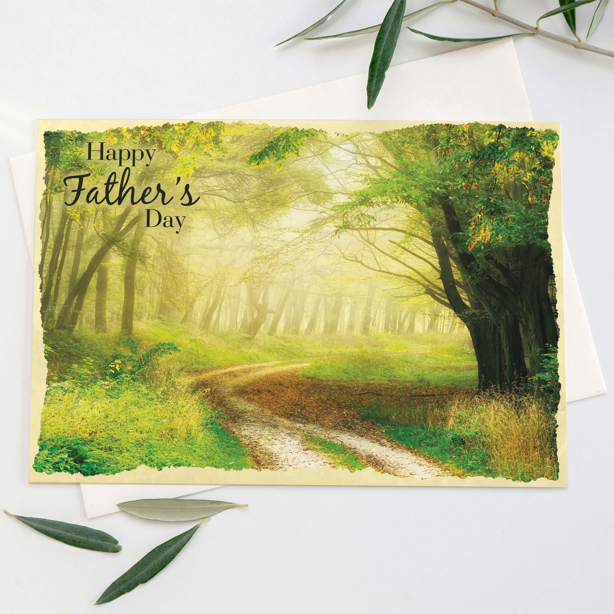 Father's Day card with a forest scene and 'Happy Father's Day' text.