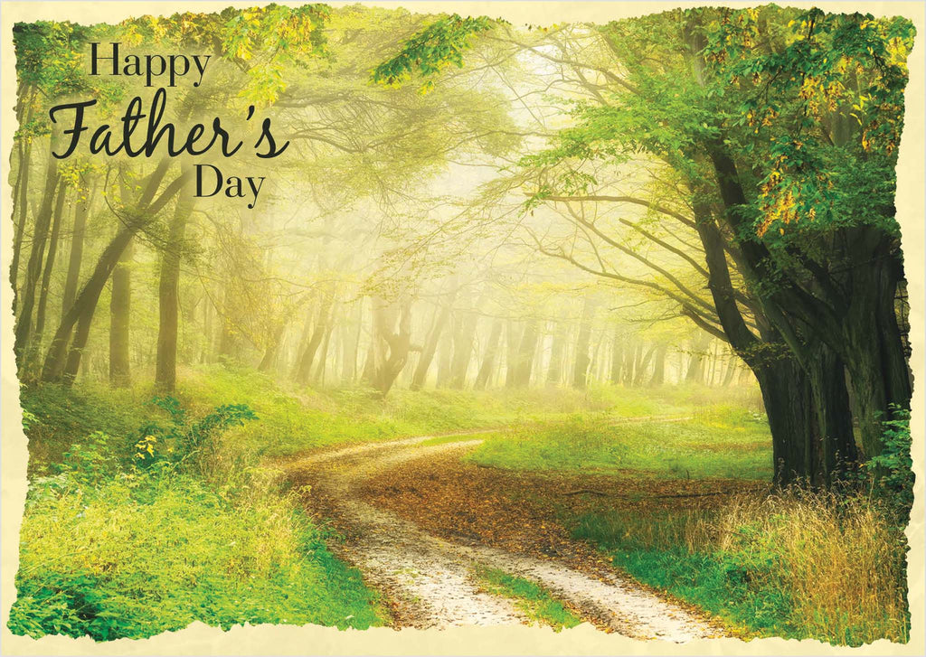 Father's Day card with a forest path and trees, featuring the text 'Happy Father's Day'.