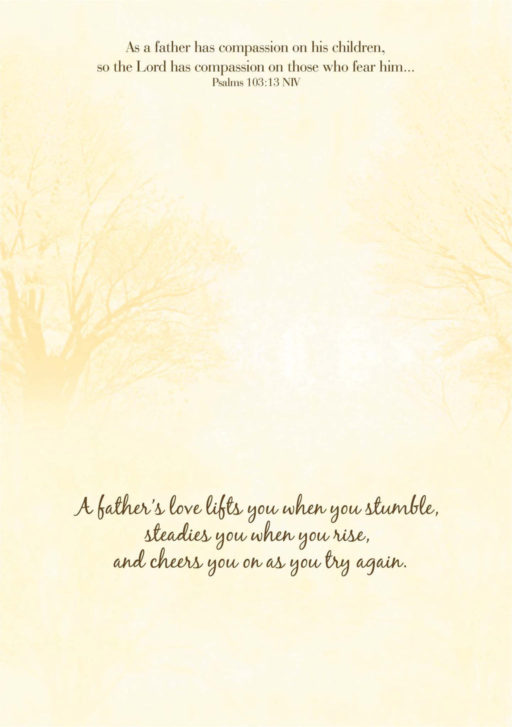 Yellow gradient background with inspirational text about a father's love and compassion.