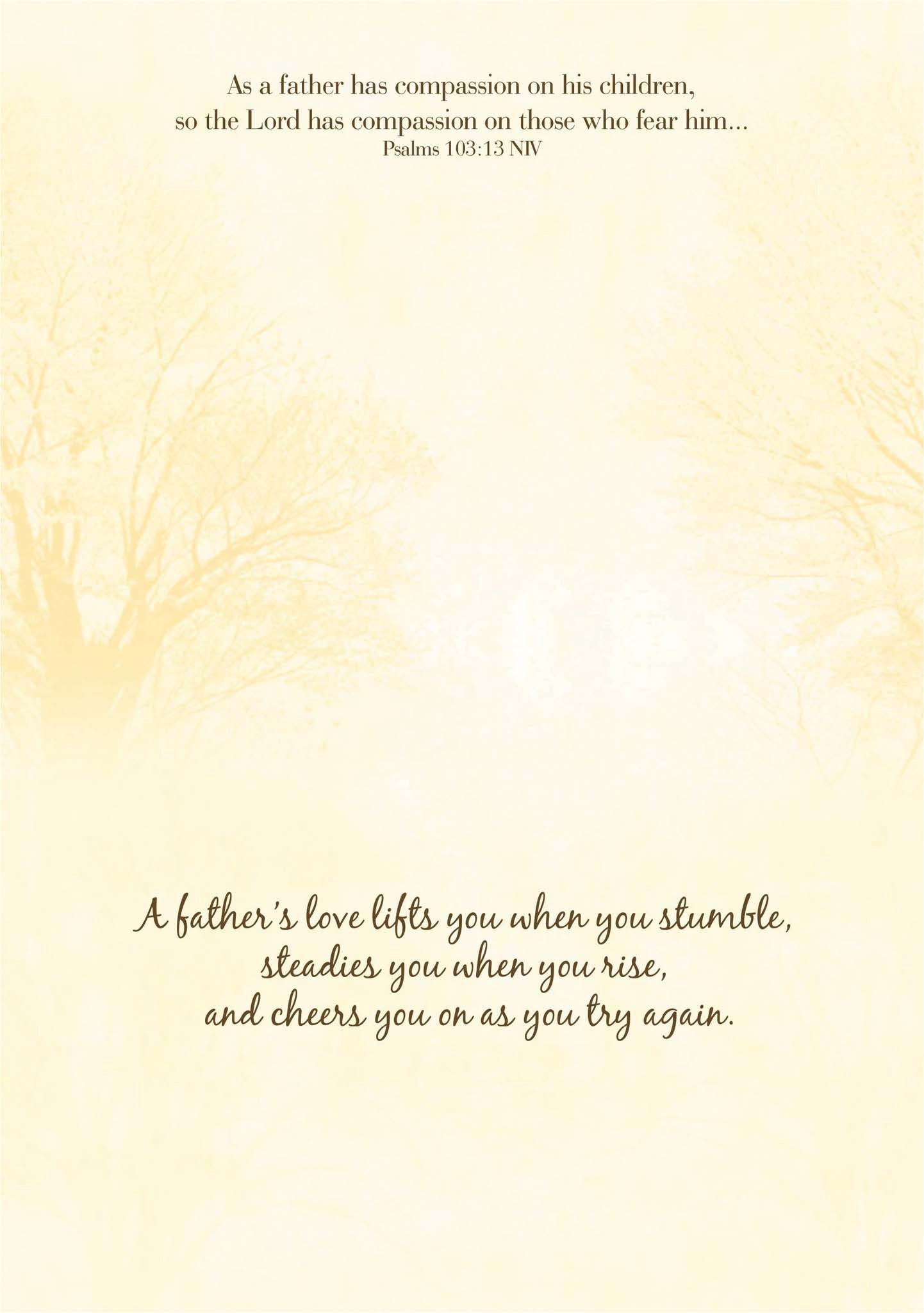 Yellow gradient background with inspirational text about a father's love and compassion.