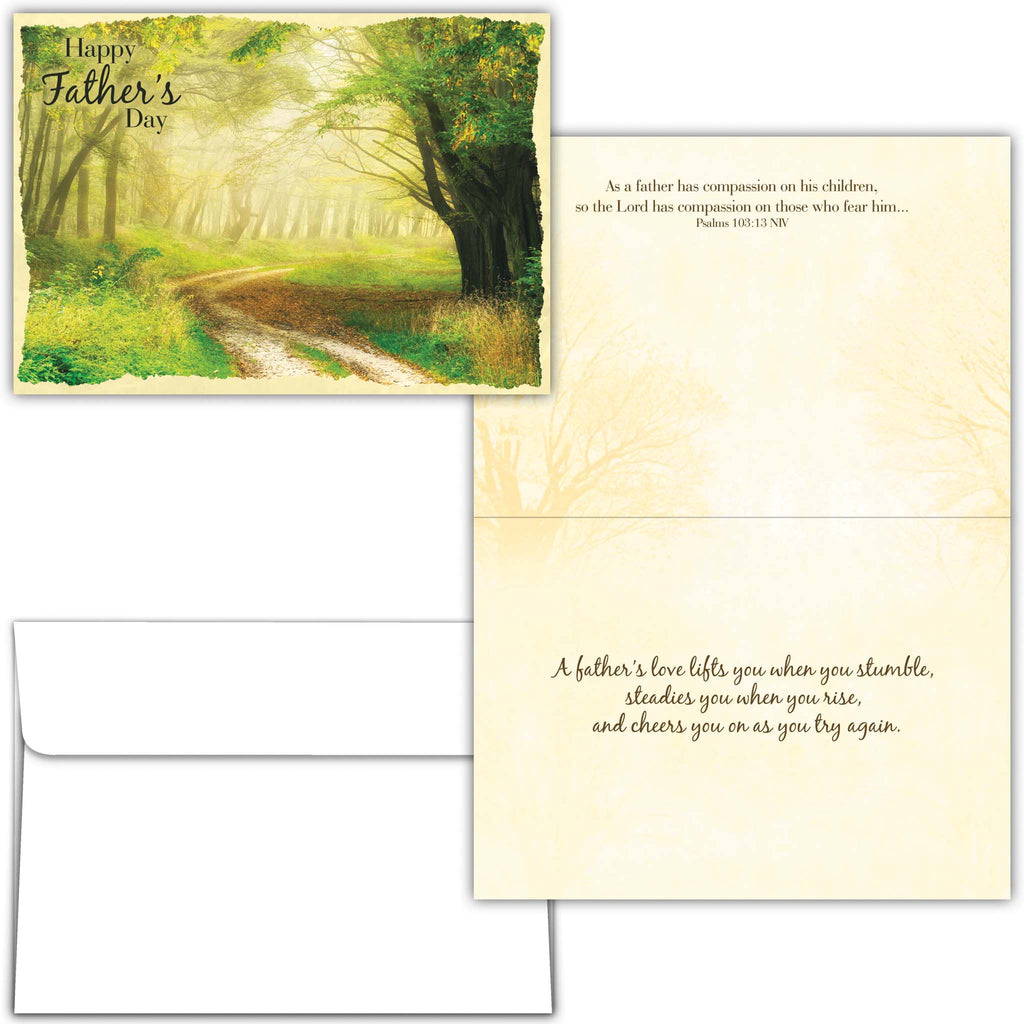 Father's Day card with a scenic illustration of a forest path and text.