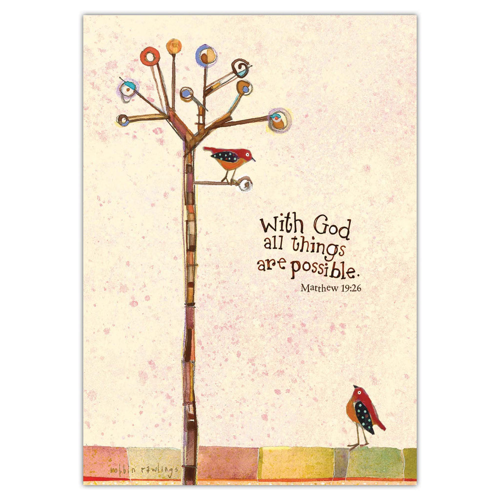 Decorative poster with a tree, birds, and motivational quote on a light background
