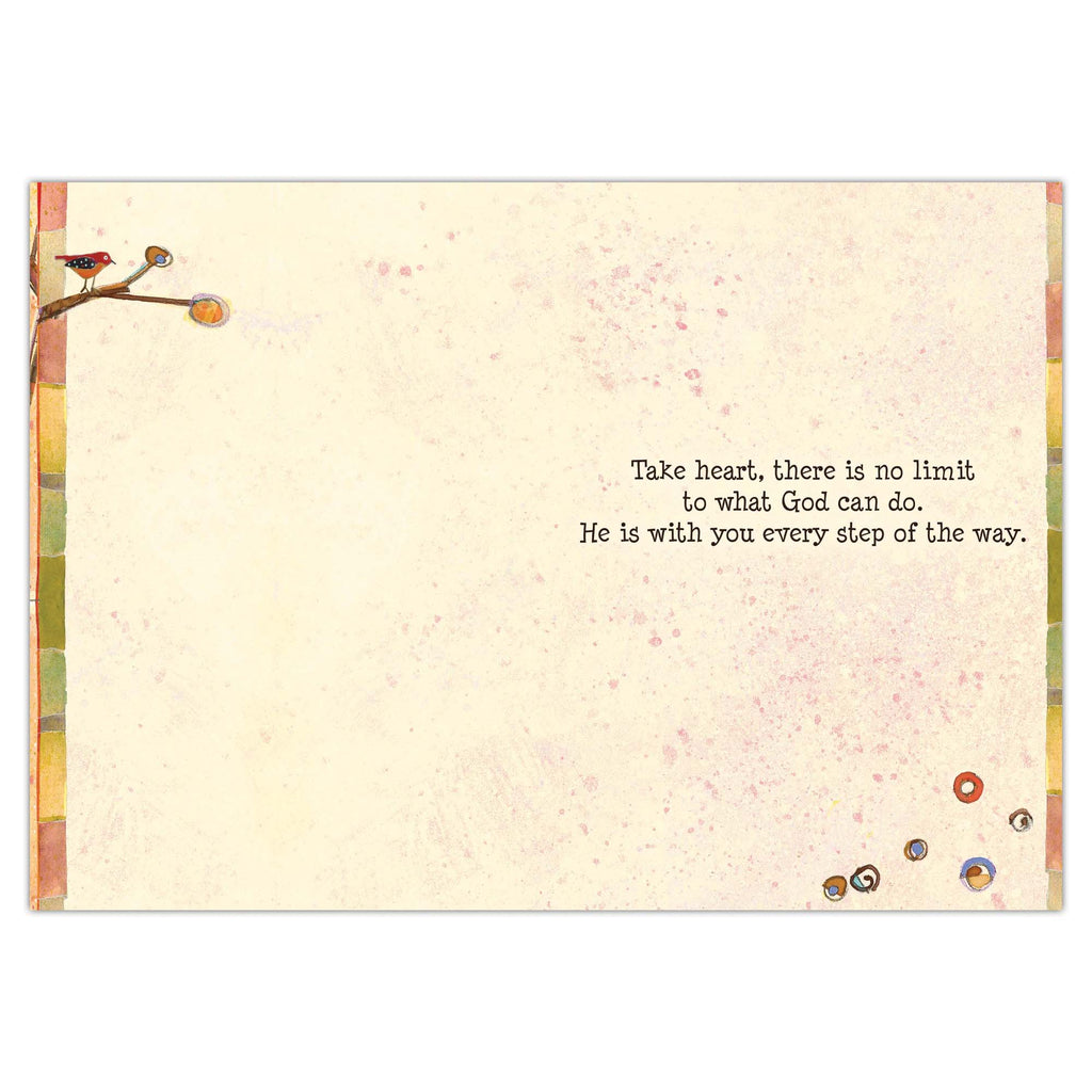 Motivational card with birds on a branch and inspirational quote on a textured background