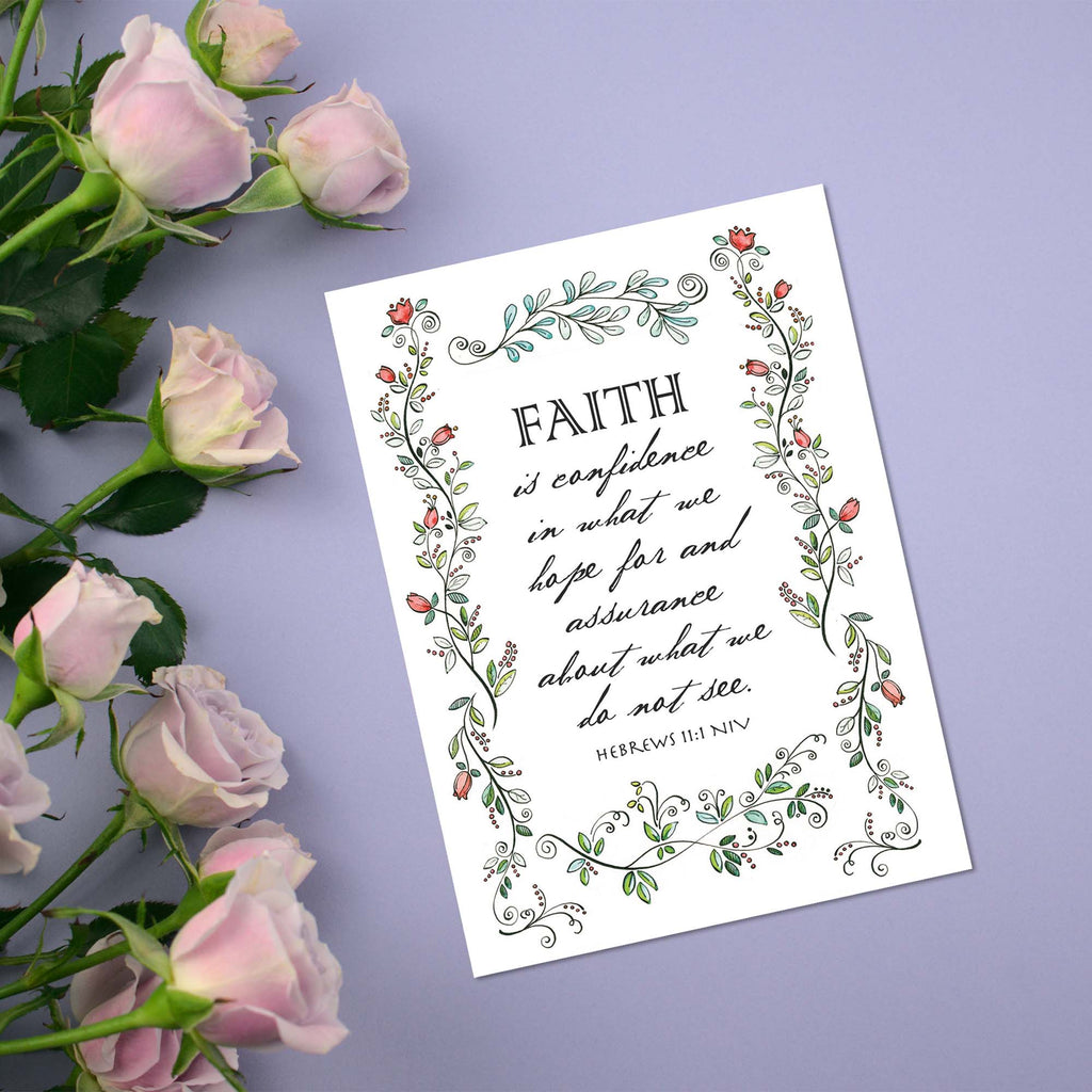 Poster with 'Faith is confidence' quote surrounded by pink roses on a purple background