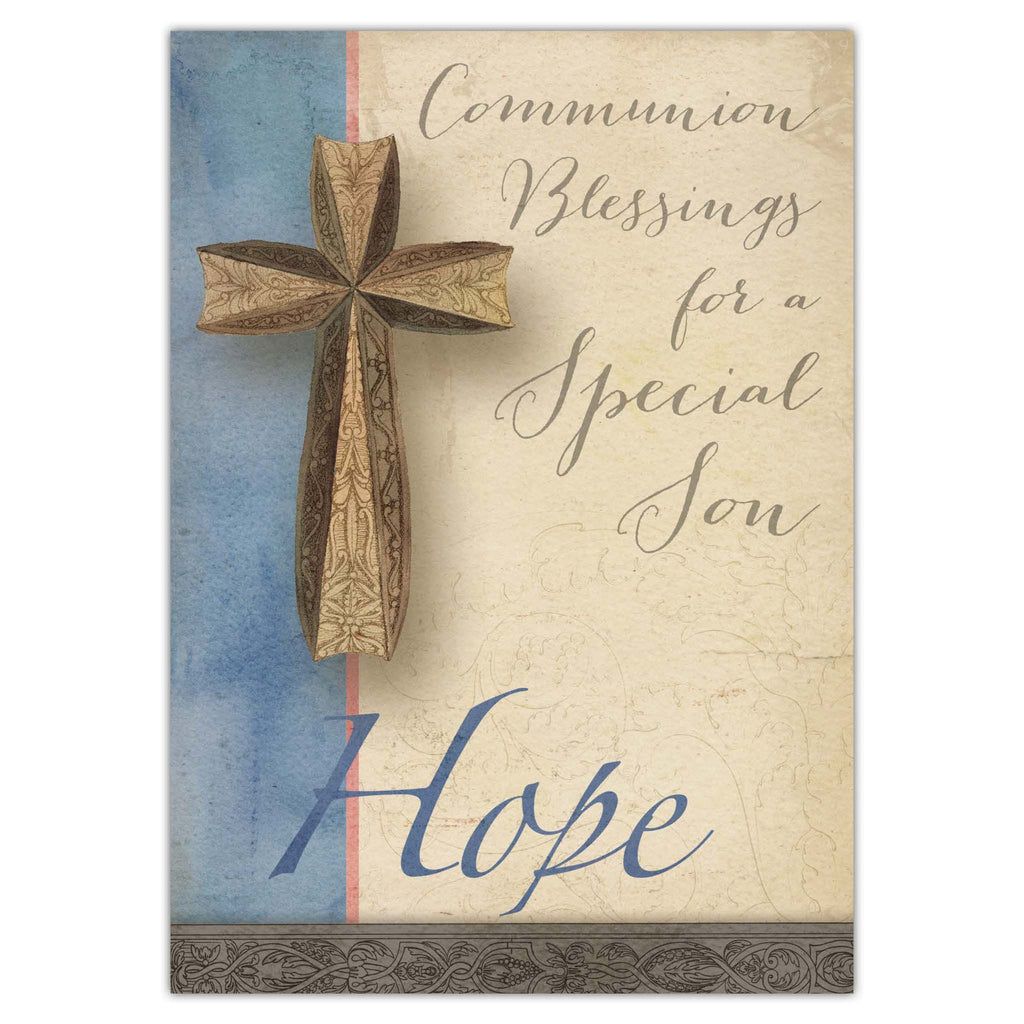 Decorative card with a wooden cross, text, and blue and red stripes on a white background