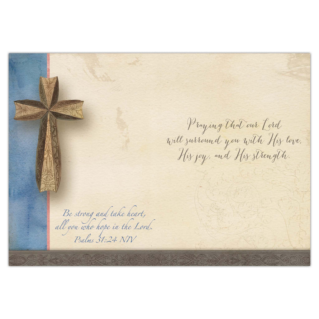 Decorative card with a wooden cross and inspirational text on a beige background